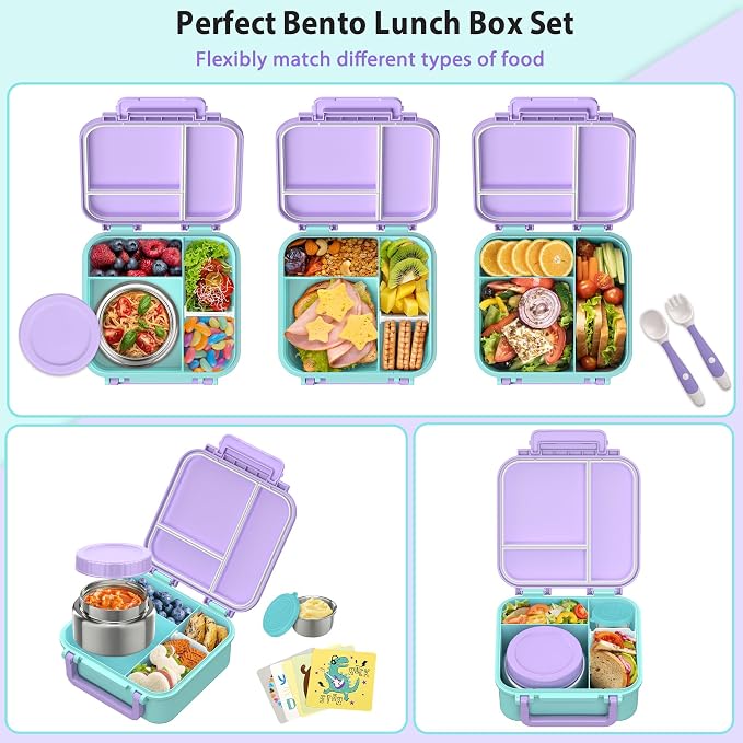 Kids Bento Lunch Box with 9oz Soup Thermo Leakproof Lunch Food Containers 4 Compartment with Insulated Hot Food Jar for Kid Toddler Girls Boys to School, Trvael