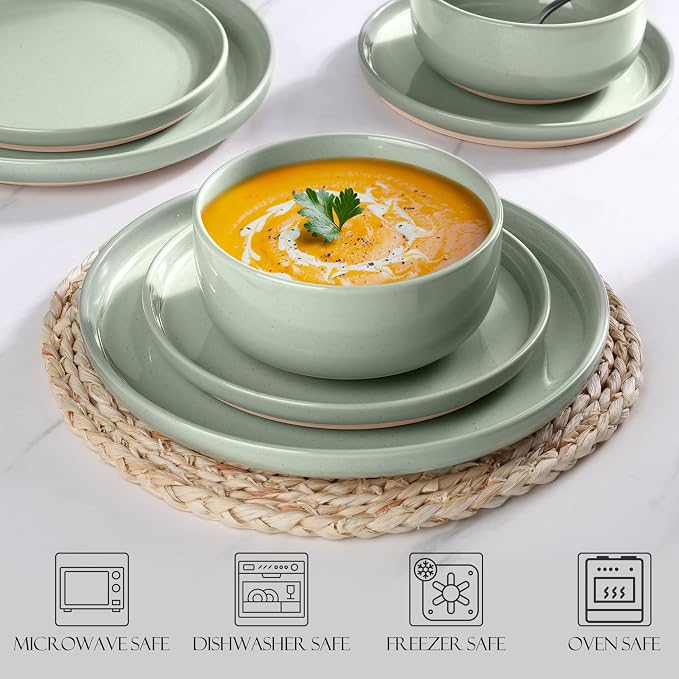 LIANYU Porcelain Dinnerware Set for 2, 6 PCS Stoneware Dinner Plates and Bowls, Ceramic Dining Dishes Set for Dessert Salad Pasta, Microwave & Dishwasher Safe, Fog Green