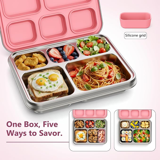 Pawtong Stainless Steel Lunch Box, 5-Compartment Bento Lunch Box for Kids & Adults,Metal Lunch Box with Removable Silicone Container, Lunch Box Containers for School,Office(Pink)