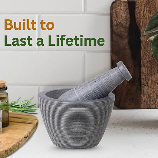 Mortar and Pestle, Made of Heavy Duty Polished Hard Stone, Natural Stone Grinder for Spices, Pastes, Herbs, Seasoning etc. (Rugged, Normal)