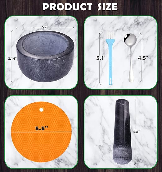 Mortar and Pestle Set Polished Natural Marble Guacamole Molcajete Bowl, 5.5inch Stone Spice Grinder with Silicone Pad, Stainless Steel Spoon and Small Brush, 400ml Capacity(Large, Dark Gray)