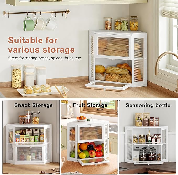 WOWLIVE Double Layer Corner Bread Box for Kitchen Countertop with 2 Doors | Bamboo Bread Storage Container, Large Farmhouse Breadbox with Acrylic Wavy Door, Under Cabinet Organizer, White, Medium