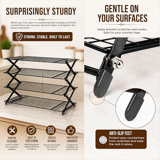 4 Tier Collapsible Cooling Rack for Baking, Tiered & Stackable | Includes 12-piece stainless cookie cutter set. Locks in place at 3 adjustable heights. Folds flat to 2.5in to store.