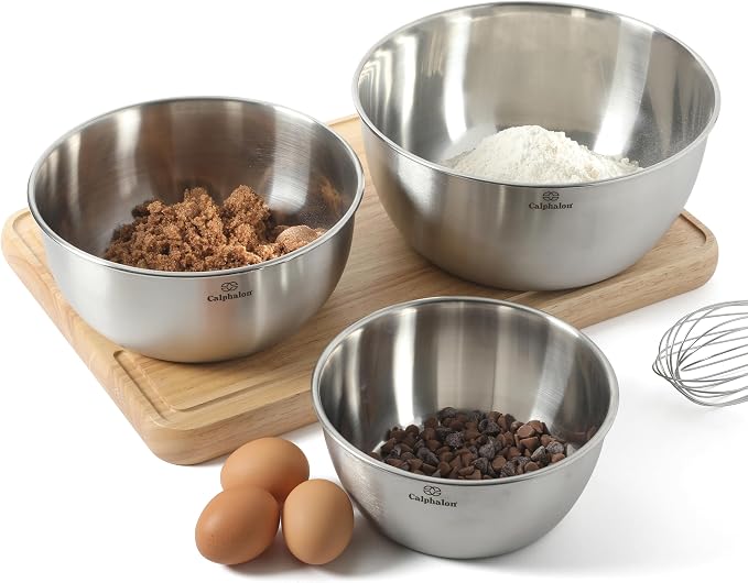 Calphalon Astro Mixing Bowls, 3-Piece Stainless Steel Mixing Bowl Set with Matte Finish, Nesting Metal Mixing Bowls for Kitchen, Baking and Prep, Silver