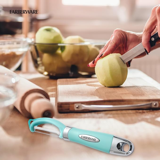 Farberware Vegetable Peeler, Pro2 Euro Peeler with Sharp Stainless Steel Swivel Blade and Ergonomic Handle, Dishwasher Safe, Aqua Sky