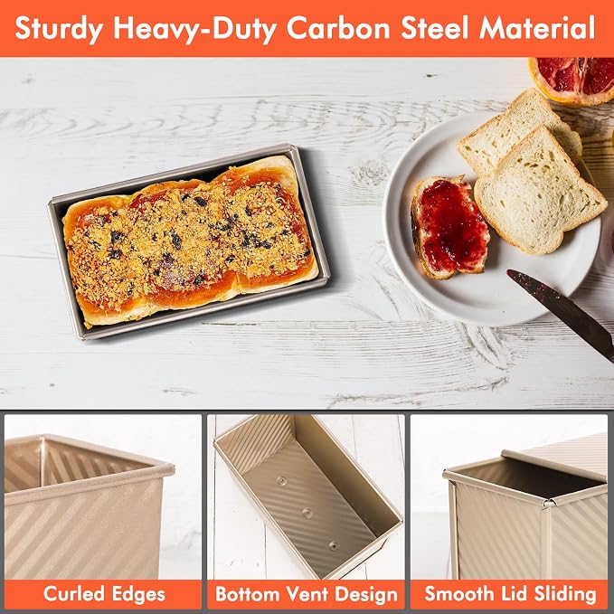 Beasea Pullman Loaf Pan With Lid, Non-Stick Carbon Steel Corrugated Bread Toast Box Mold With Cover Baking Tools - Gold