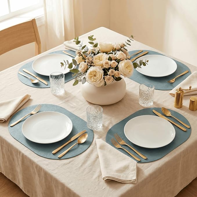 Artoid Mode Blue Faux Leather Oval Placemats Set of 4, 12 x 18 Inch Waterproof Wipeable Heat Resistant Vinyl Place Mats, Reversible Table Mats for Kitchen Dining Decor