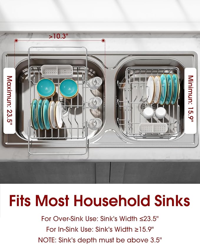 Sakugi Dish Drying Rack in Sink - Expandable Stainless Steel Dish Rack Over the Sink, Kitchen Sink Drain Strainer with Cutlery Holder & Cup Holders, 15.4 x 9.8 x 3.0 Inch, Silver