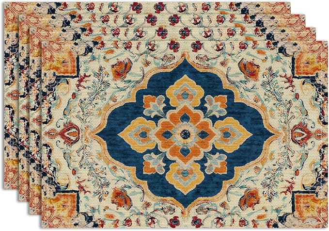 Vintage Boho Placemats, Deep Navy Blue Orange Flowers Bohemia Table Mats | Washable Heat Resistant Linen Fabric Place Mats for Kitchen Home Party Dining Decoration, Christmas Festiva Decoration
