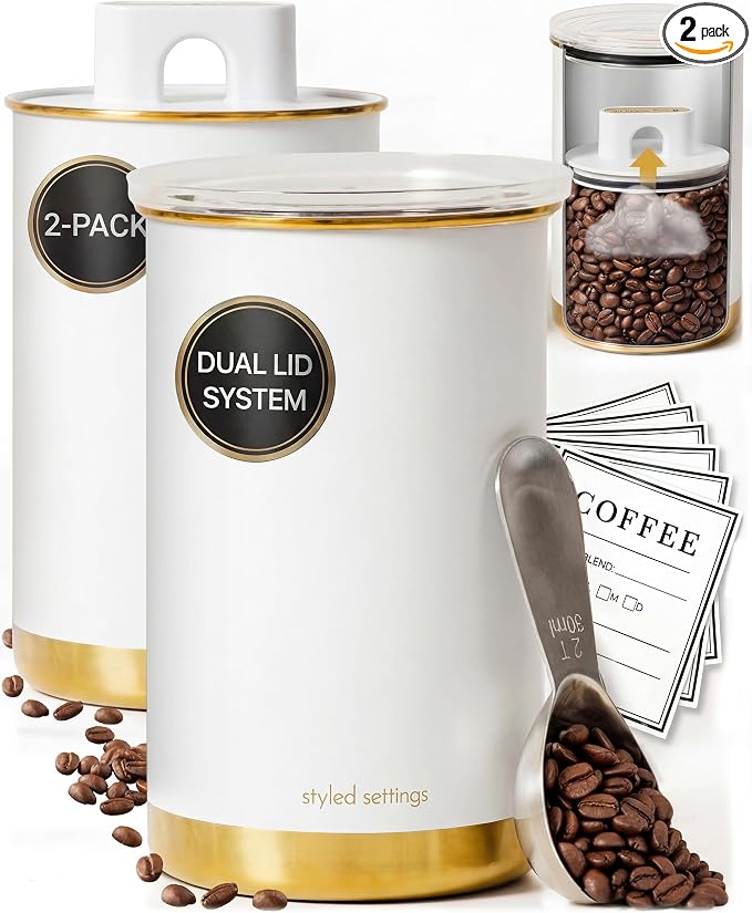 STYLED SETTINGS Vacuum Coffee Container Set, 2-Piece, White and Gold | Stainless Steel, BPA Free, Food Grade, Airtight, Vacuum Effect, Double Lid