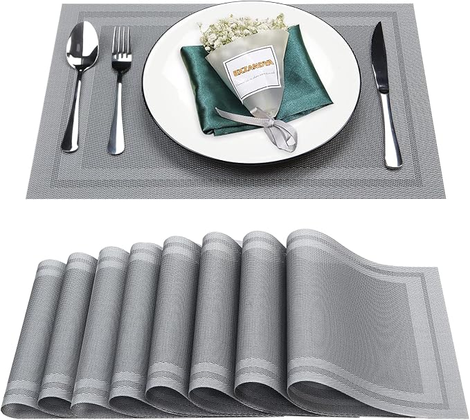Gray Vinyl Placemats Set of 8,Washable Dining PVC Table Mats | Heat resistant, stain resistant non slip vinyl place mats, washable gray table placemats for dining table