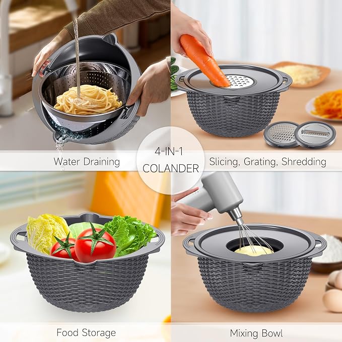4-1 Colander with Lid Set - Rotatable Strainer With Bowl(Patented), Pasta Strainer with New Upgraded Graters, Strainer And Colanders, Fruit Cleaner, Veggie Wash, Apartment Kitchen Gadgets - Grey