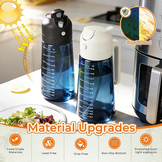 Glass Olive Oil Sprayer for Cooking (16oz/470ml), 2 in 1 Olive Oil Dispenser Bottle for Kitchen Gadgets and Air Fryer Accessories, Salad, BBQ (2-Pack, Blue White)