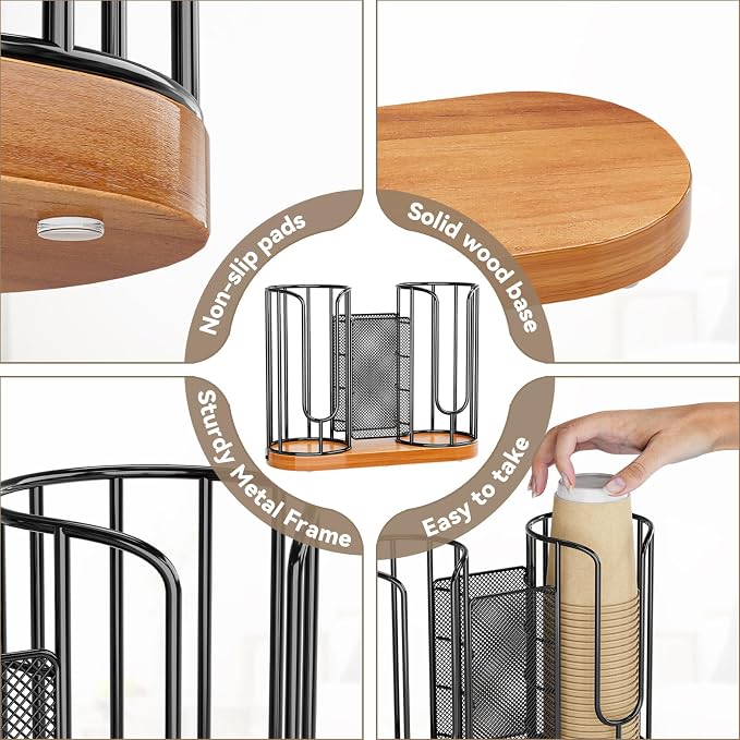 Coffee Cup and Lids Holder - 8oz-24oz Disposable Cups Organizer Wooden Base | Plastic Paper Cup Dispenser Straw Storage for Countertop Coffee Station Bar Restaurant Office Breakroom Shop Kitchen