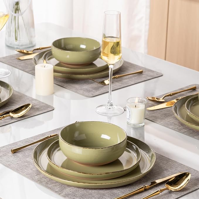 AmorArc Dinnerware Sets for 4, 12 Pieces Ceramic Plates and Bowls Set | Scratch Resistant Stoneware Dishes Set, Dishwasher & Microwave Safe,Olive Green