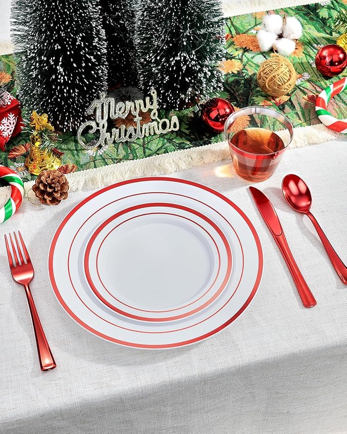 350 Piece Red Plastic Dinnerware Set for 50 Guests | Disposable Dinnerware Includes: 50 Dinner Plates, 50 Dessert Plates, 50 Pre Rolled Napkins with Silverware, 50 Cups