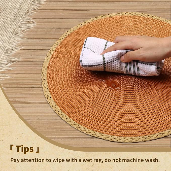 Round Placemats Set of 8, Woven Table Mats, Thin Edge, Orange | Braided Paper Edge, 15 Inch Diameter, Fits Dinner Plate and Flatware, Wipeable, Heat Resistant, Indoor Dining, Outdoor Patio