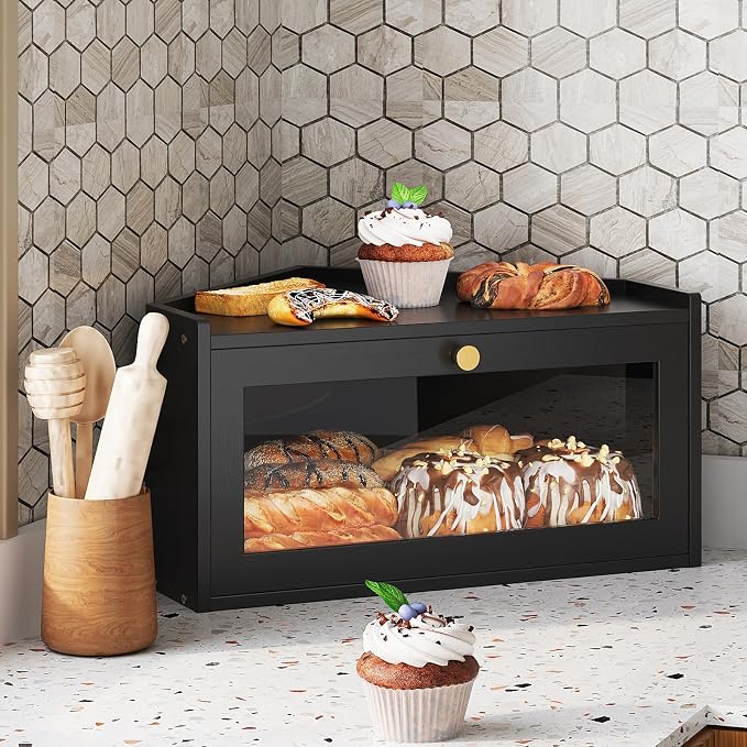 Trironsun Corner Bamboo Bread Box for Kitchen Counter Large Rustic Bread Storage Container with Acrylic Door Space-Saving Vintage Bread Keeper for Homemade Bread (Black)