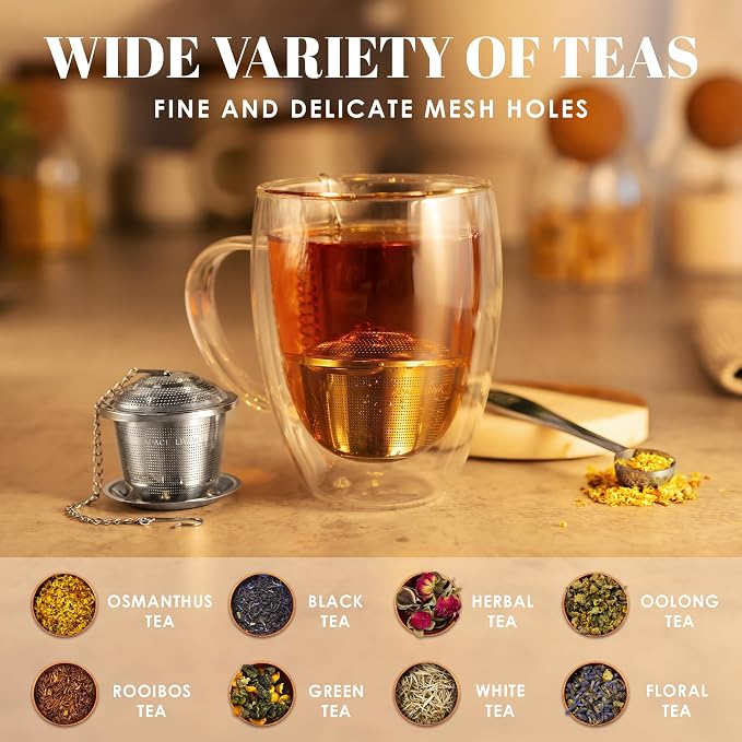 Tea Infuser Set of 2 with Tea Scoop & Drip Trays - 304 Stainless Steel Ultra Fine Mesh Loose Leaf Tea Strainer, Reusable Tea Steeper Basket for Rooibos, Green, Black, Herbal & Oolong Tea, etc