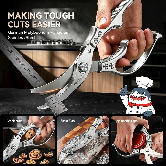 MAD SHARK Heavy Duty Poultry Shears,Spring Loaded Kitchen Shears,Dishwasher | Non-Slip Handle Kitchen Shears, Safety Lock, All Purpose Kitchen Scissors for Chicken, Meat Cutting, Turkey, Fish, Vegetables