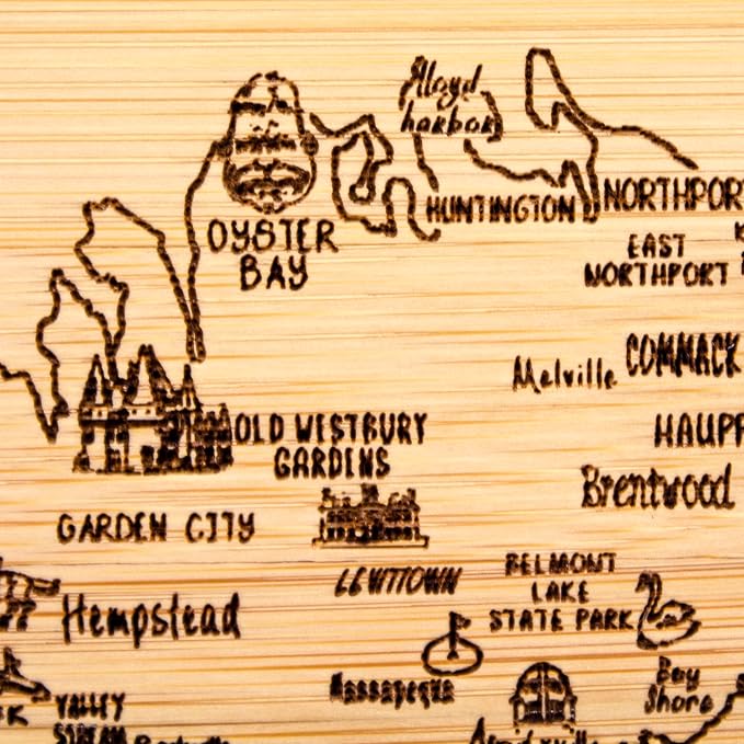 Totally Bamboo A Slice of Life Long Island Engraved Map Cutting Board | 11" x 8.75" charcuterie board with engraved map artwork. Smooth reverse side for food prep. Hang tie for wall display.