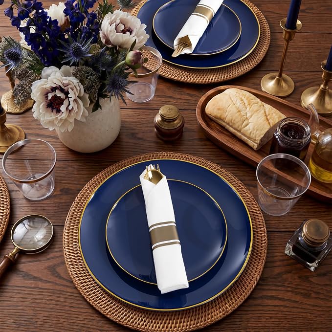 KIRE 175Pcs Blue Plastic Plates - Navy Blue Plates Disposable - 25 for Dinner 25 for Dessert 25 Pre Rolled Napkins with Gold Plastic Silverware and 25 Cups for 4th of July/Wedding/Party