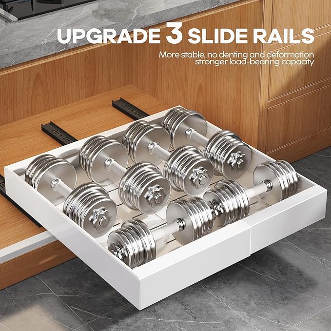 Seinloes 6 Pack Expandable Pull Out Cabinet Organizer 21"Deep With Raising Pad for Framed Cabinets,Slide Out Drawers With 4pcs Divider Racks,No Drill Roll Out Shelf,Adjustable Width 12.05"-20.4"White
