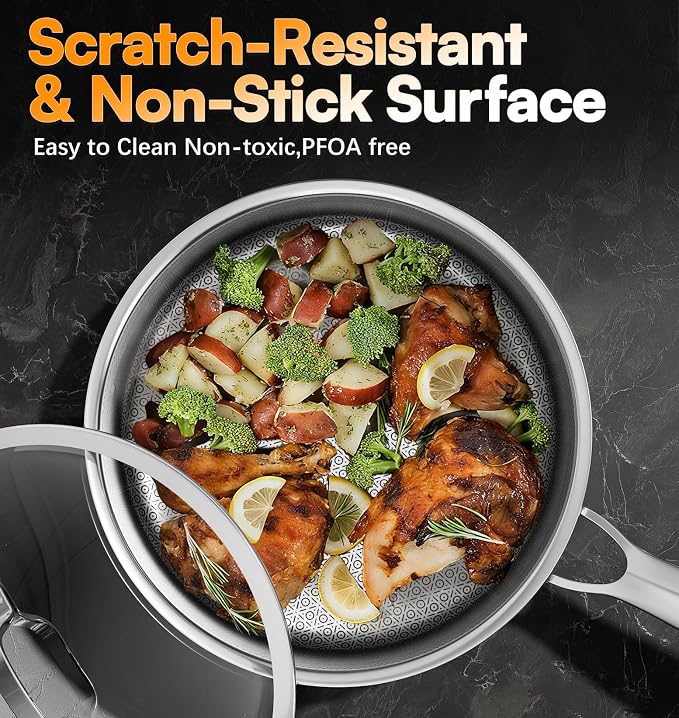 Sauce pan with Lid, KURRUNGIE 2.8 Quart Hybrid Stainless Steel Saucepan, 8-inch PFOA Free 5-Ply Stainless Steel Pans for Cooking, Induction Cookware Set Oven and Dishwasher Safe