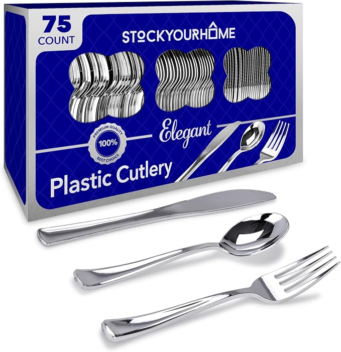 75 Pieces Heavy Duty (Silver) Plastic Silverware Set, Disposable Cutlery Set, Great for Parties, Weddings, and Catering, Flatware Utensils Included: 25 Forks, 25 Spoons, 25 Knives, Stock Your Home