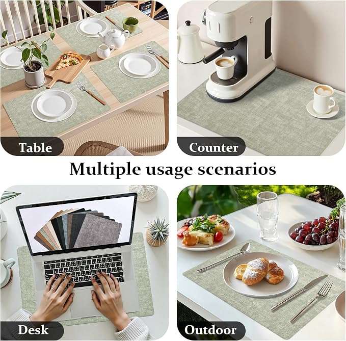 FROMHEART Faux Leather PU Placemats Set of 6 (Light Green,11.8" x 17") | Waterproof,Heat/Oil Stain-Resistant Table Mat–Reversible,Non-Slip,Easy to Clean Place Mats for Kitchen,Dining,Indoor/Outdoor