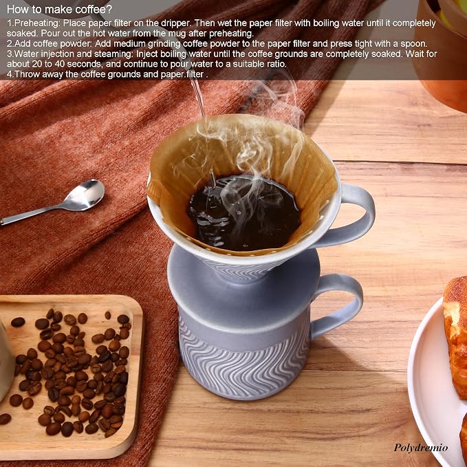 Pour Over Coffee Maker with 100 Sheets of Paper Filter, 15 oz Ceramic Coffee Mug & Ceramic Coffee Dripper, 1 Cup-Single brew coffee set, Purple