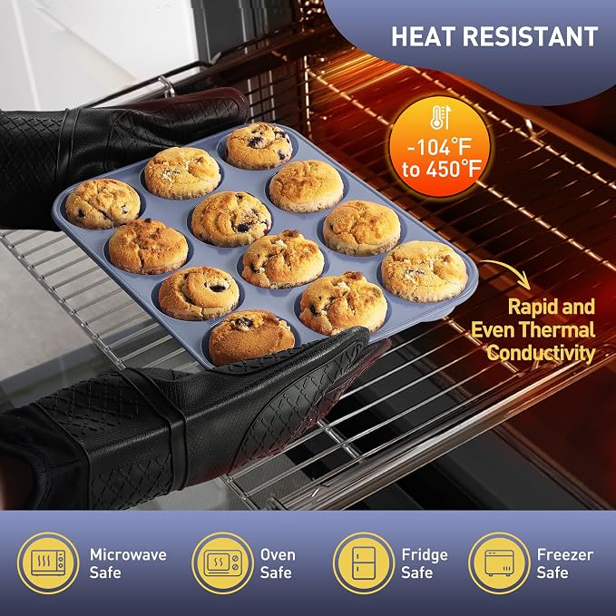 2 Pack 12 Cups Silicone Muffin Pan with Metal Reinforced Frame Regular Size Silicone Molds Cupcake Cake Baking Pans Cookie Baking Chocoflan Cupcake Mold Muffin Top Pan Flanera Housewarming Gift