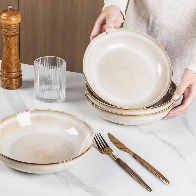 AmorArc 8.5’’ Ceramic Pasta Bowls Set of 6, 36oz Large Stoneware Bowls Set | Large Dinner Serving Bowls Set, Wide Bowl Plate for Pasta,Salad, Soup, Microwave Safe, Reactive Glaze-Cappuccino