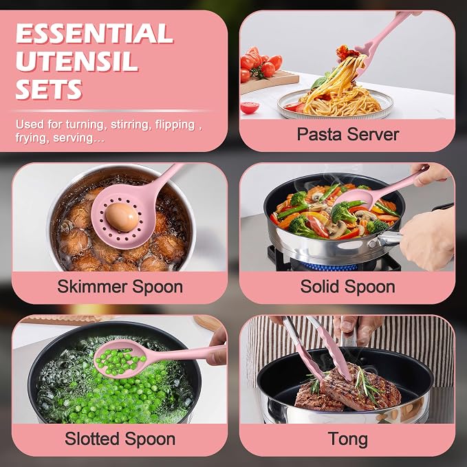 Homikit 15-Piece Kitchen Utensil Set, Silicone Cooking Utensils Spatula Set | Heat Resistant Silicone Utensil with Holder for Nonstick Cookware, Kitchen Tools Gadgets for Cooking and Baking, Pink