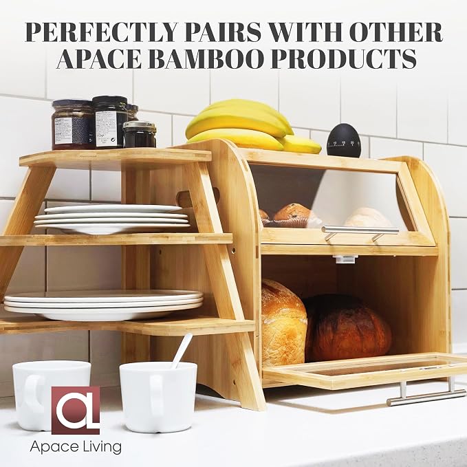 Arise Bamboo Wooden Bread Box for Kitchen Countertop, Extra Large 2-Shelf | Bread Storage Container with Clear Windows & Air Vents, Bread Bin & Keeper, Keeps Bagels, Rolls & Buns Fresh, Self Assembly
