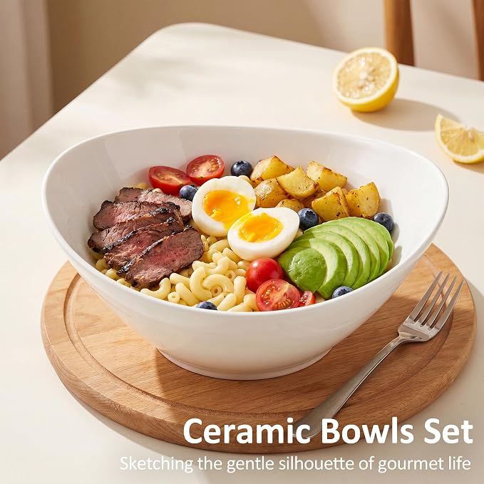 Teocera 7 Inch Salad Bowls Set of 4, 28 oz Large Bowls– Microwave & Dishwasher Safe, for Pasta, Snacks, White