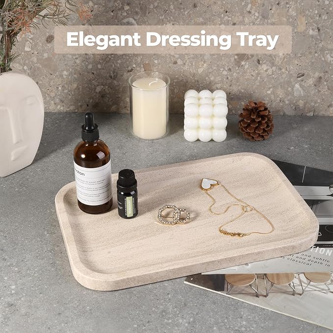 Karibiber Marble Vanity Tray, Bathroom Tray Countertop, Decorative Dresser Organizer, Perfume, Jewelry Holder, Beige Stone Serving for Kitchen Sink Storage(MOCA Cream)