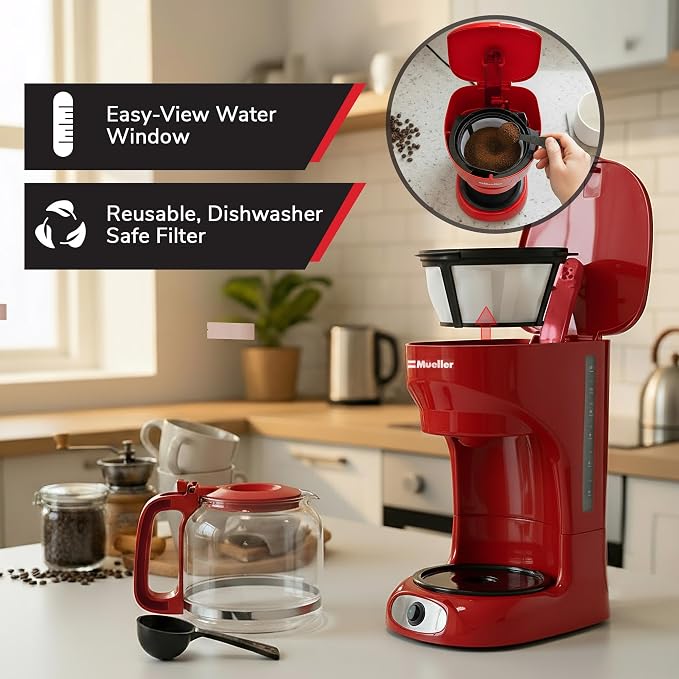 MUELLER HOME 12-Cup Red Coffee Maker | Borosilicate Carafe, Auto-Off, Reusable Filter, Anti-Drip, Keep-Warm Function