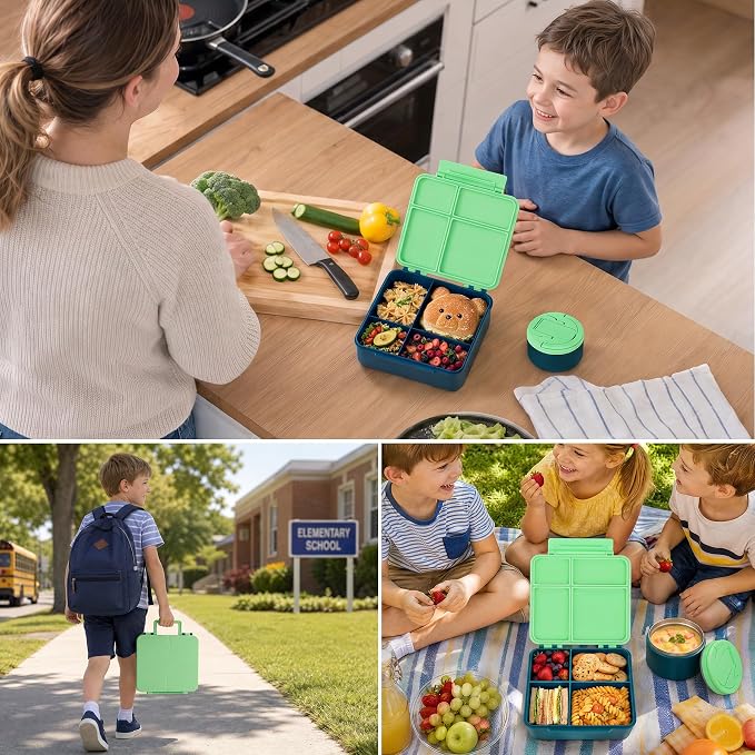 Bento Lunch Box Set for Kids with 8 oz Soup Thermo, Leakproof Hot Food Container with 4 Compartments, Insulated Food Jar for Toddler Daycare Boys Girls School - Green