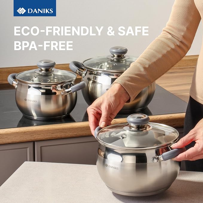 Daniks Modern 6-Piece Stainless Steel Cookware Set with Glass Lids, Tri-Ply Bases for Even Heating, Induction Compatible, Dishwasher Safe, Heatproof Handles
