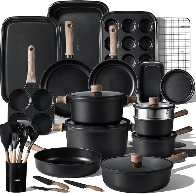 CAROTE 44pcs Pots and Pans, Nonstick Cookware Set with Bakeware | Induction Kitchen Cooking Set, Durable, Easy Food Release, Even Heating, with Knife Set