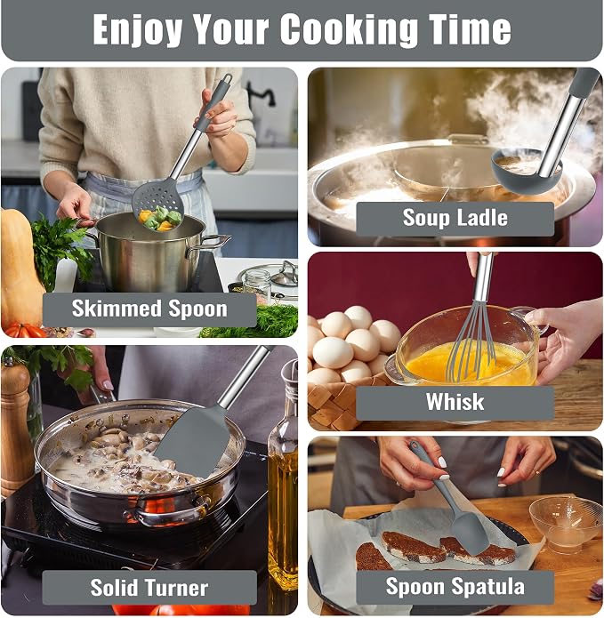 E-far 14 Pieces Silicone Cooking Utensils Set, Kitchen Utensils Set with Holder, Spatula, Ladle, Spoon, Tong, Slotted Turner for Nonstick Cookware, 446°F Heat Resistant & Stainless Steel Handle, Gray