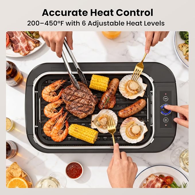 Electactic Electric Smokeless Indoor Grill & Griddle, Nonstick Contact Grill, Dishwasher Safe Parts, 6-Level Temperature Control with Auto Shut-Off, for Kitchen, Apartment, Indoor Cooking