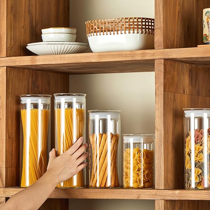 ZENS Glass Spaghetti Storage Container, 65oz Tall Glass Jars Set of 2 | Borosilicate Glass Canisters with Airtight Lids, Spaghetti Pasta Airtight Storage Jars for Kitchen Pantry