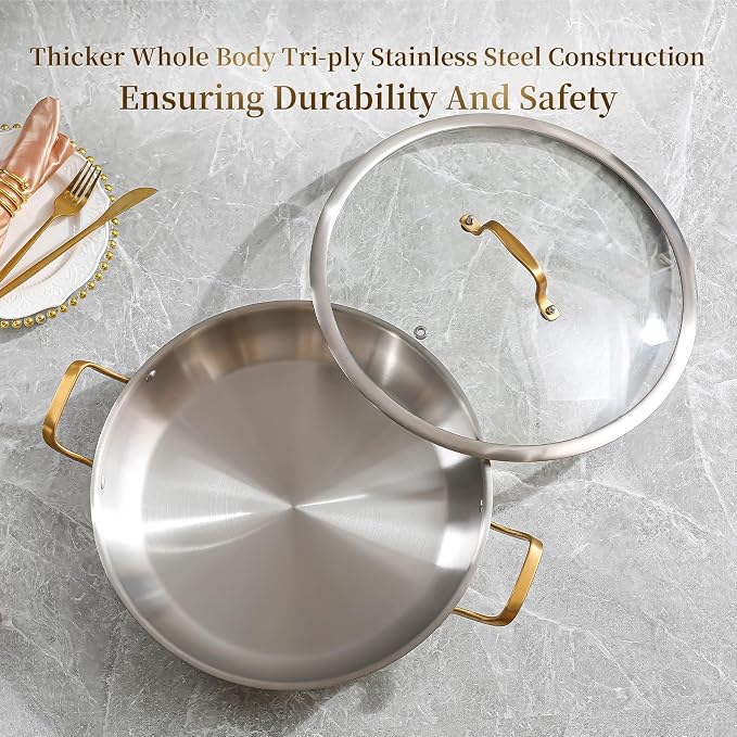 DELARLO Paella Pan With Lid, 14 Inch, Tri-Ply Stainless Steel Large Skillet, Everyday Pan, Fast & Even Heating Induction Cooking Pan, Dishwasher and Oven Safe, Heavy Duty Style