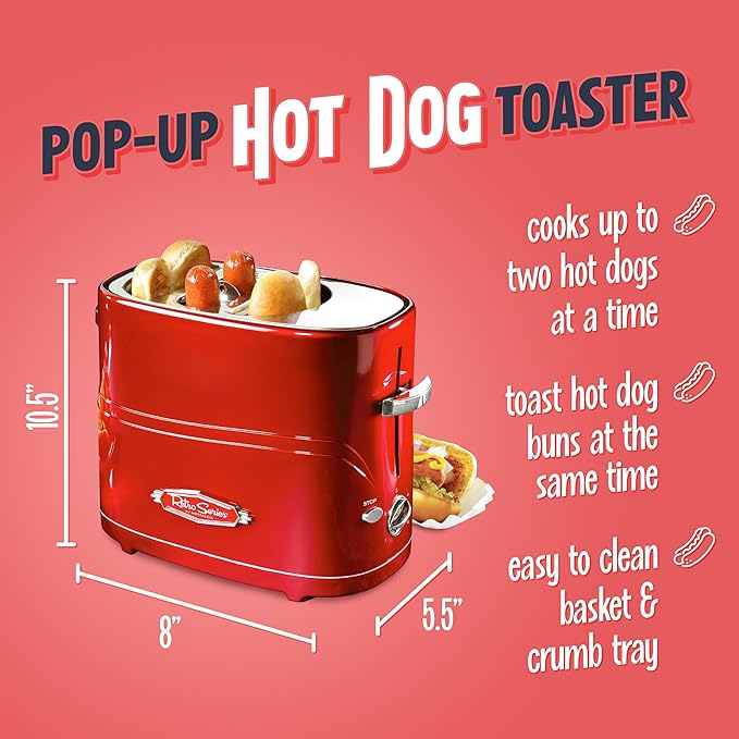 Nostalgia 2 Slot Hot Dog and Bun Toaster with Mini Tongs, Retro Hot Dog Toaster, Hot Dog Cooker that Works with Chicken, Turkey, Veggie Links, Sausages and Brats, Metallic Red