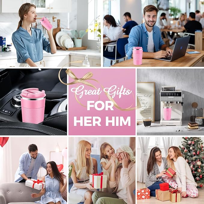 Volhoply 13 oz Stainless Steel Insulated Travel Coffee Mug with Fip Lid,Reusable Double Wall Vacuum Metal Coffee Cup,Portable to Go Leak Proof Cafe Thermal Tumbler for Hot & Cold Drinks(Pink,1)
