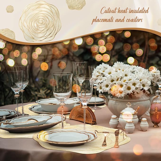 Sieral Round Hollow Rose Vinyl 15'' Placemat & 4'' Coaster,Gold,12 Set