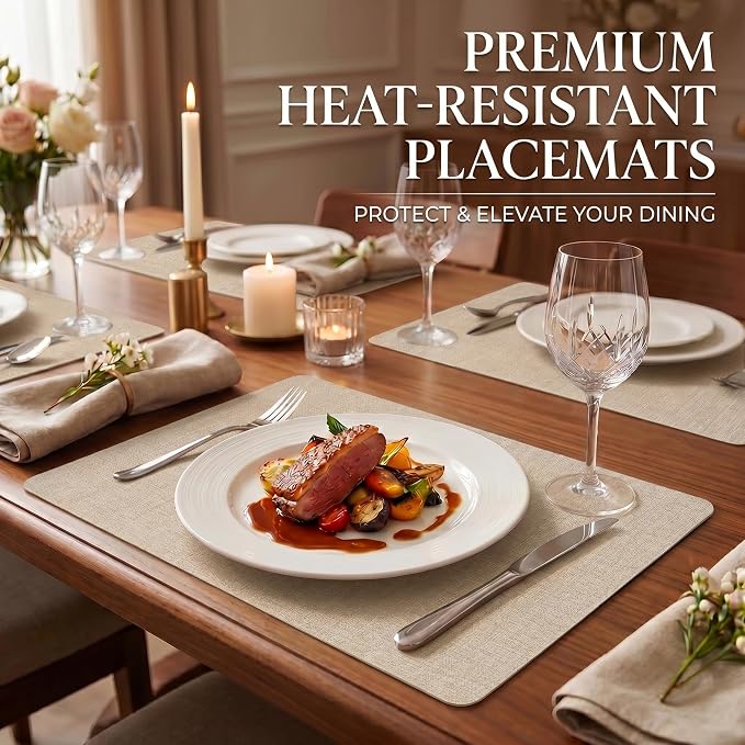 Faux Leather Placemats Set of 6, Wipeable Waterproof Stain Resistant Table Mats, Heat Resistant Thick Placemats with Hand-Painted Edges for Kitchen Dining, Imitative Linen Texture, Various Shapes