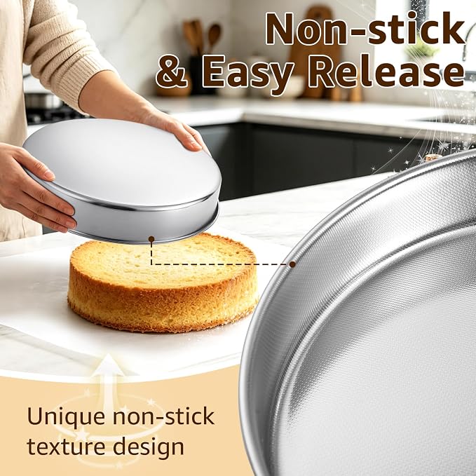 Inqibee 8 Inch Round Cake Pan Set of 2, Stainless Steel Textured Bottom | Tri-ply Stainless Steel, Rolled Rim Layer Cake Bakeware, Oven & Dishwasher Safe, Healthy Non-Toxic for Birthday Wedding Cake